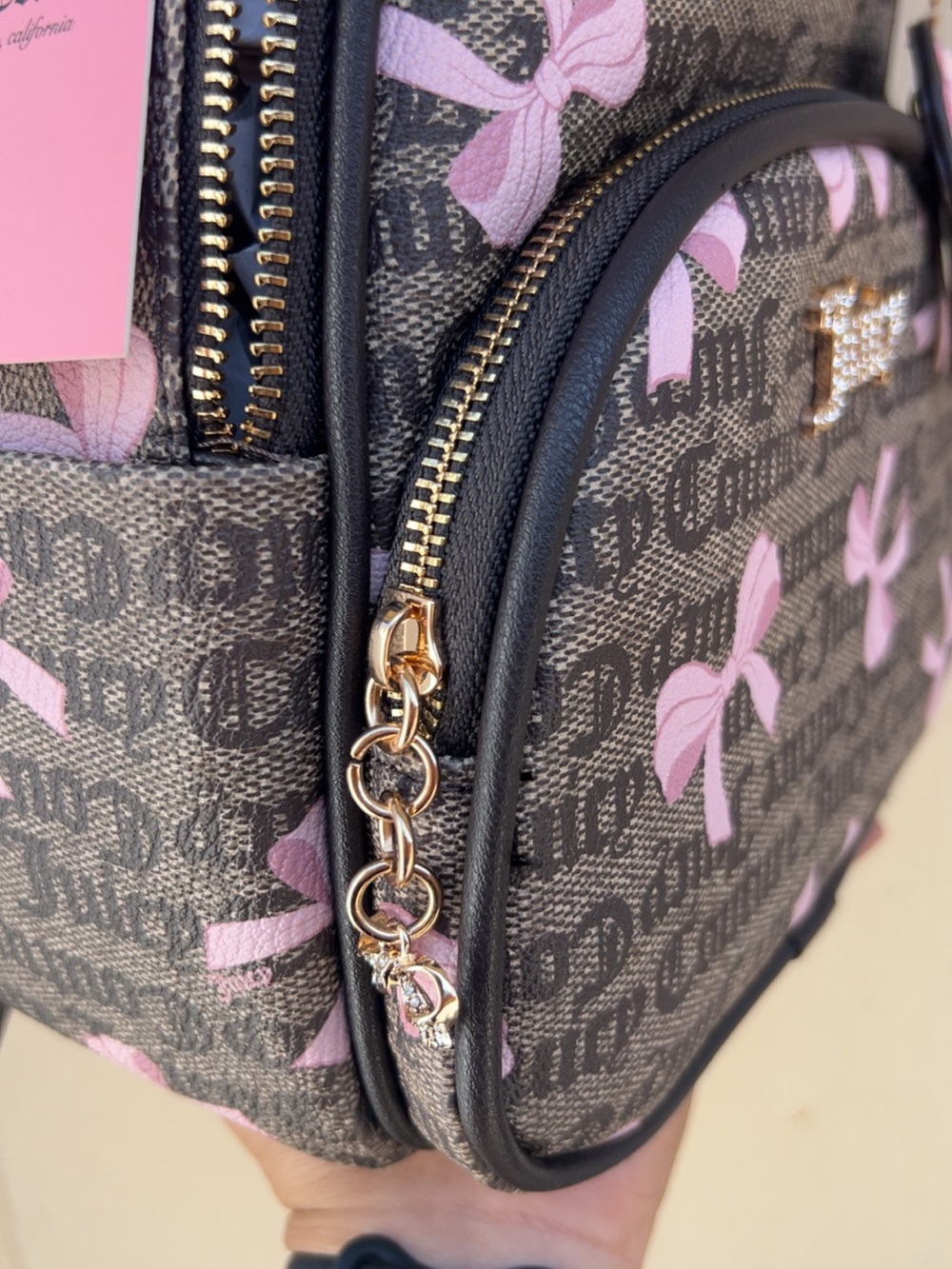 Juicy Couture Brown Monogram Backpack with Pink Bow Accents - Picture 4 of 7